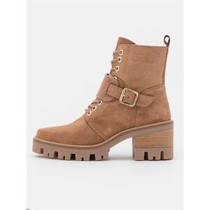 Alpe Spain Combat Boots Women Size 8 EU39 Tan Suede Lug Sole Lace Up Buckle Moto